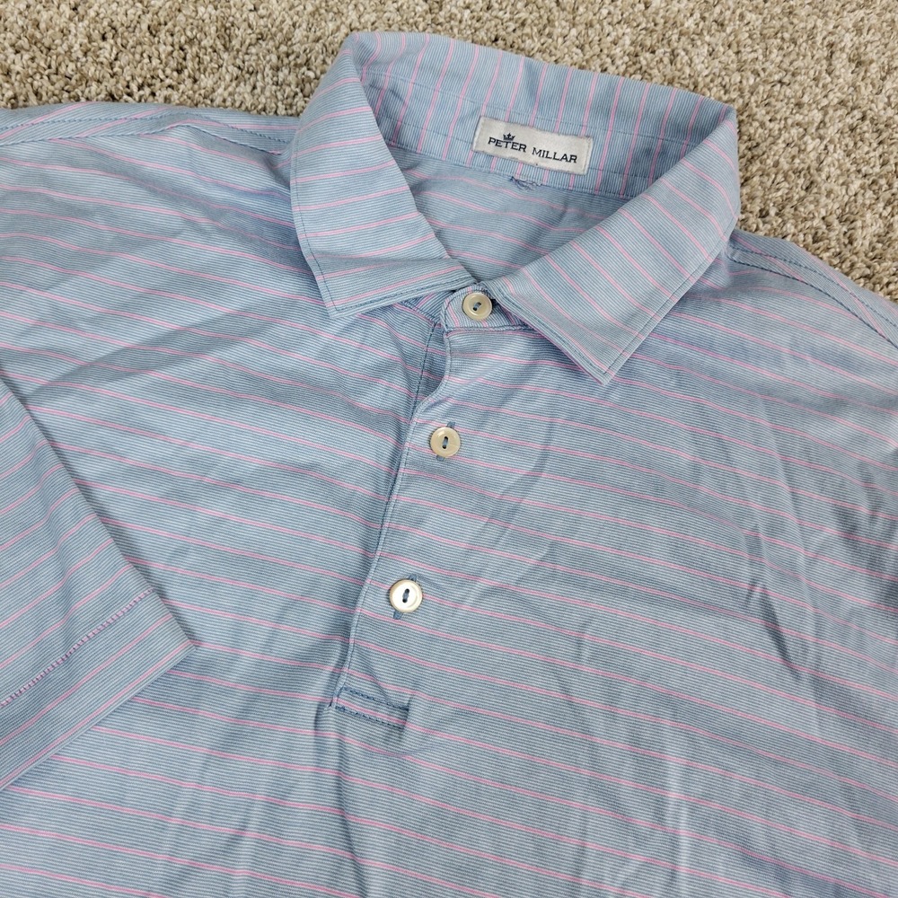 Peter Millar Mens XL Blue Red Striped Stretch Knit Golf Polo Short Sleeve
